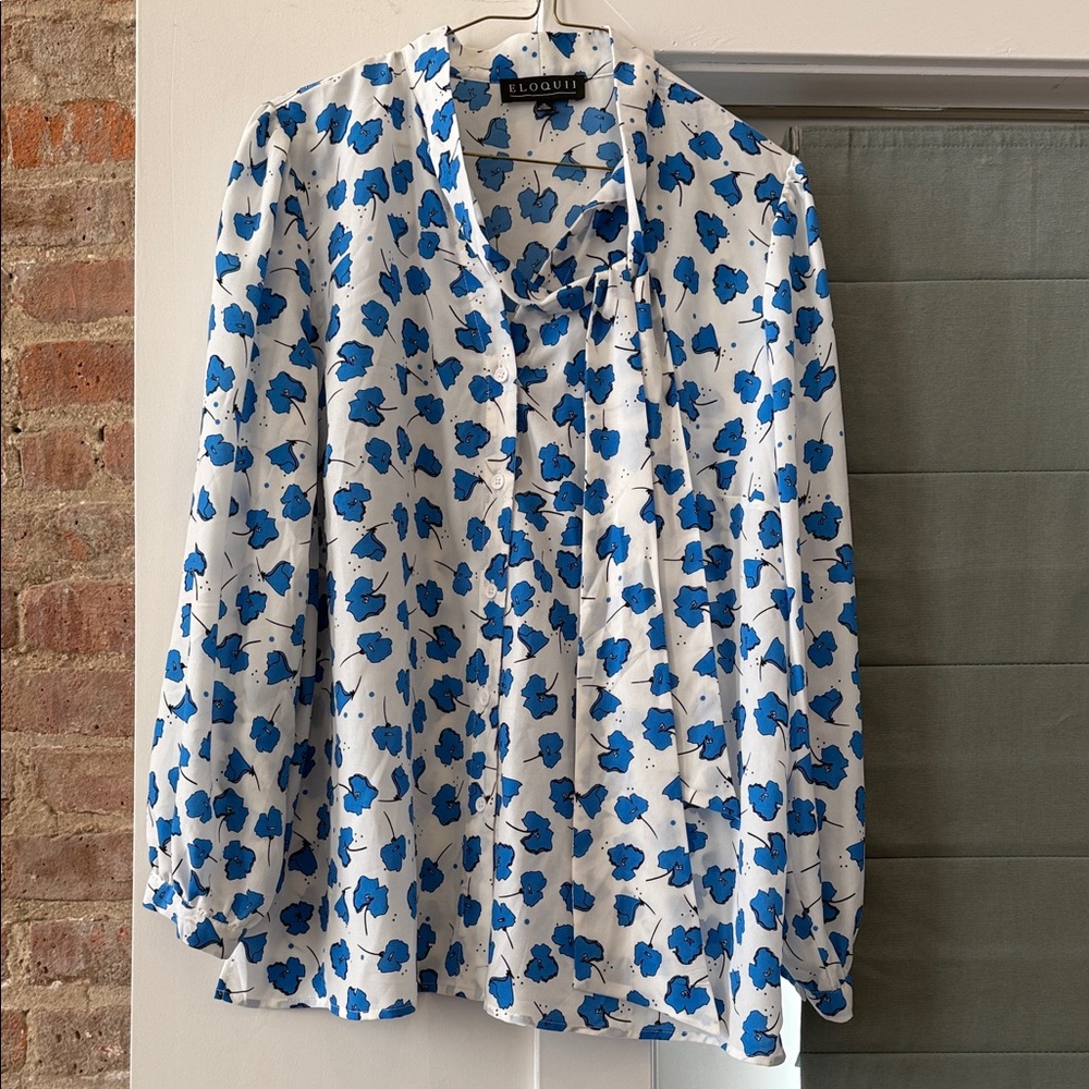 Eloquii White Blouse with Blue Floral Tie-Neck